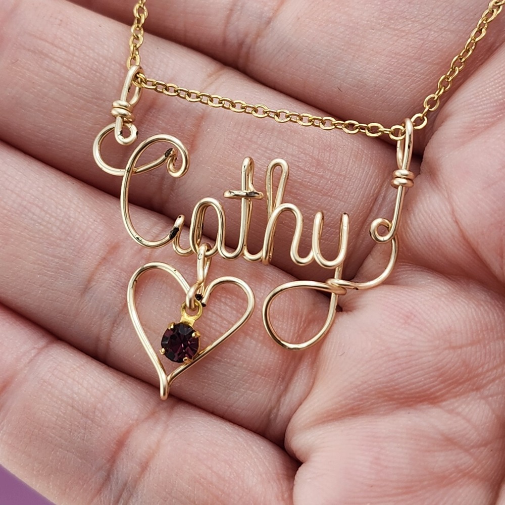Cathy Name Necklace Gold Tone Wire Purple Rhinestone Heart Pendant 18" Chain